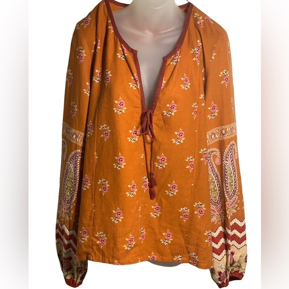 Tigerlily Orange Tie Front Linen Viscose Long Balloon Sleeve Boho Blouse Size 8